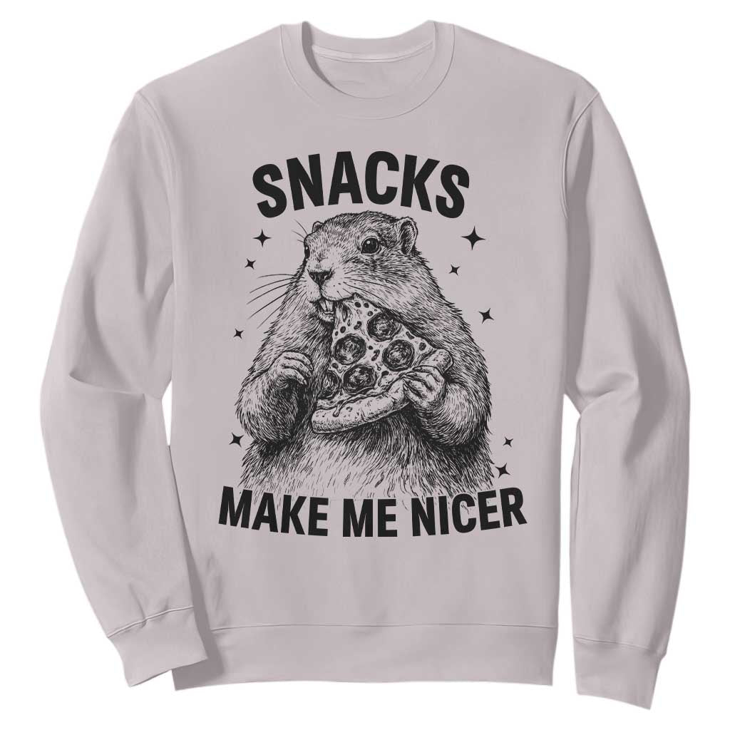 Funny Groundhog Eating Pizza Sweatshirt Snacks Make Me Nicer TS14 Ice Gray Print Your Wear
