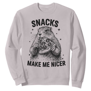 Funny Groundhog Eating Pizza Sweatshirt Snacks Make Me Nicer TS14 Ice Gray Print Your Wear