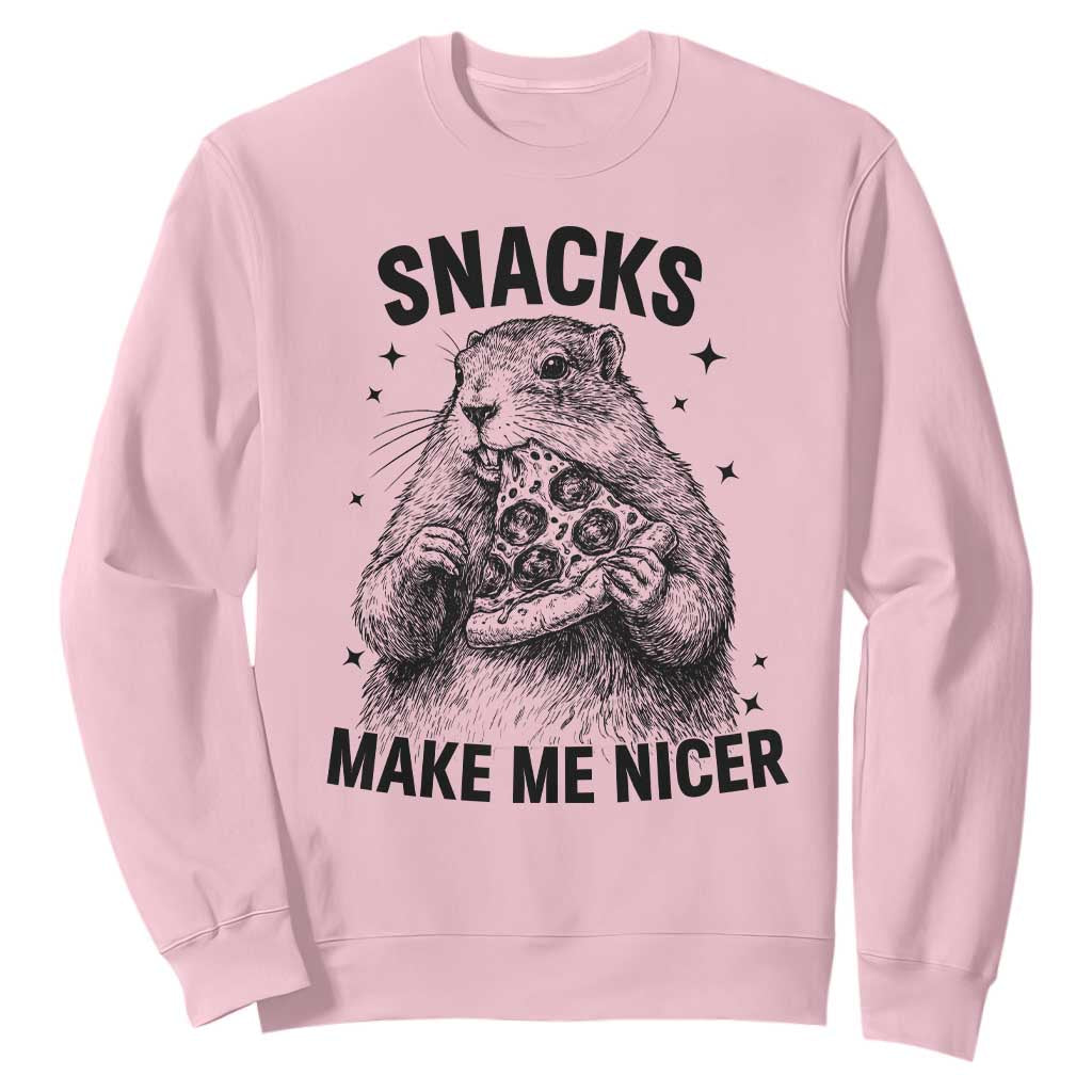 Funny Groundhog Eating Pizza Sweatshirt Snacks Make Me Nicer TS14 Light Pink Print Your Wear