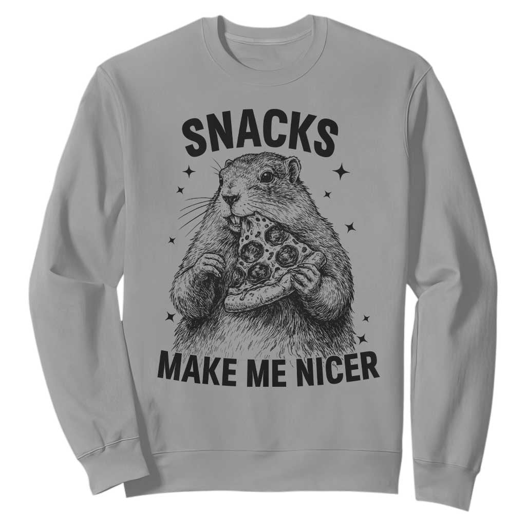 Funny Groundhog Eating Pizza Sweatshirt Snacks Make Me Nicer TS14 Sport Gray Print Your Wear