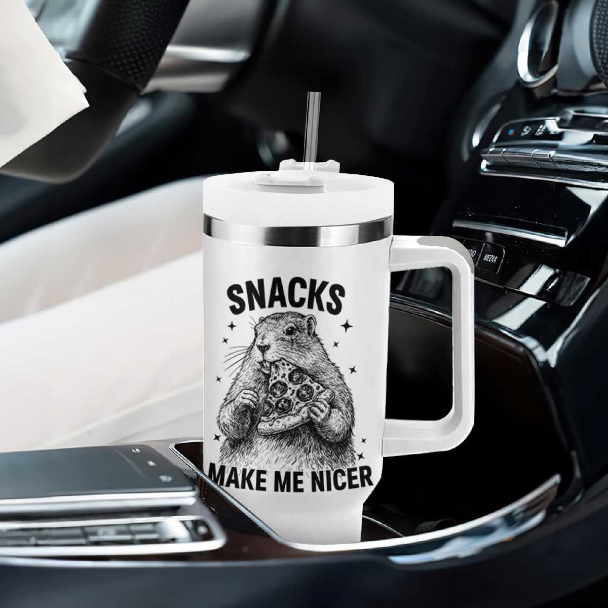 Funny Groundhog Eating Pizza Tumbler With Handle Snacks Make Me Nicer TS14 Print Your Wear