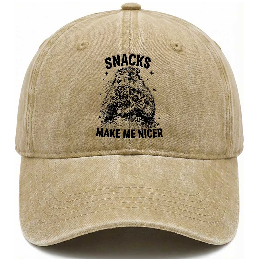 Funny Groundhog Eating Pizza Washed Cotton Baseball Cap Snacks Make Me Nicer TS14 Washed Cap Universal Fit Khaki Print Your Wear