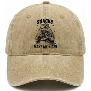 Funny Groundhog Eating Pizza Washed Cotton Baseball Cap Snacks Make Me Nicer TS14 Washed Cap Universal Fit Khaki Print Your Wear