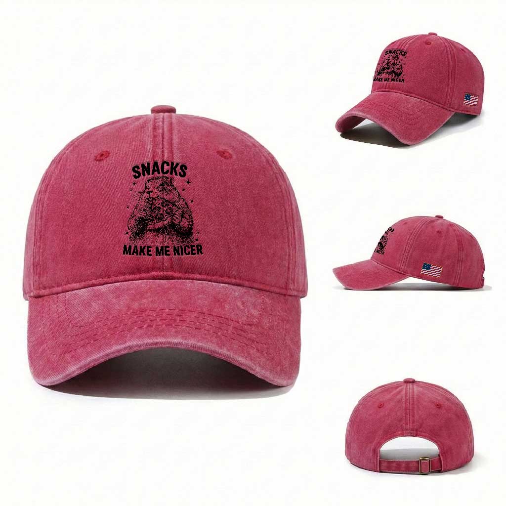 Funny Groundhog Eating Pizza Washed Cotton Baseball Cap Snacks Make Me Nicer TS14 Washed Cap Universal Fit Red Print Your Wear
