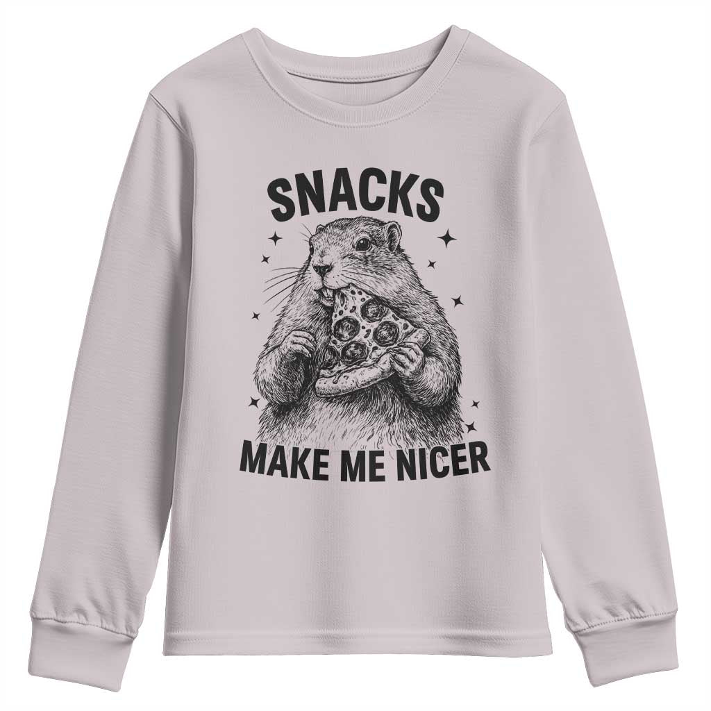 Funny Groundhog Eating Pizza Youth Sweatshirt Snacks Make Me Nicer TS14 Ice Gray Print Your Wear