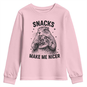 Funny Groundhog Eating Pizza Youth Sweatshirt Snacks Make Me Nicer TS14 Light Pink Print Your Wear