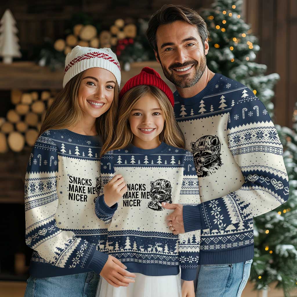 Funny Raccoon Eating Pizza Ugly Christmas Sweater Snacks Make Me Nicer TS14 Beige Navy Print Your Wear