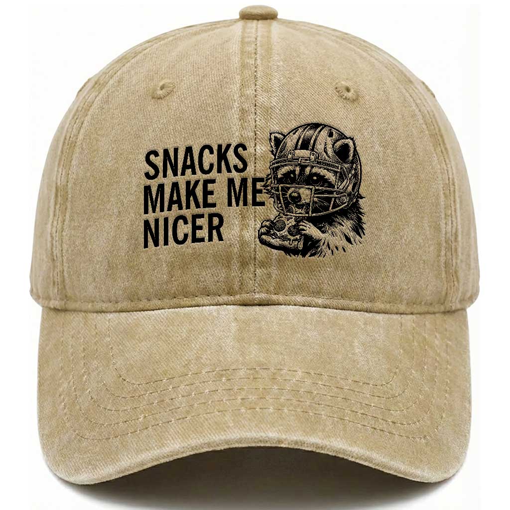 Funny Raccoon Eating Pizza Washed Cotton Baseball Cap Snacks Make Me Nicer TS14 Washed Cap Universal Fit Khaki Print Your Wear
