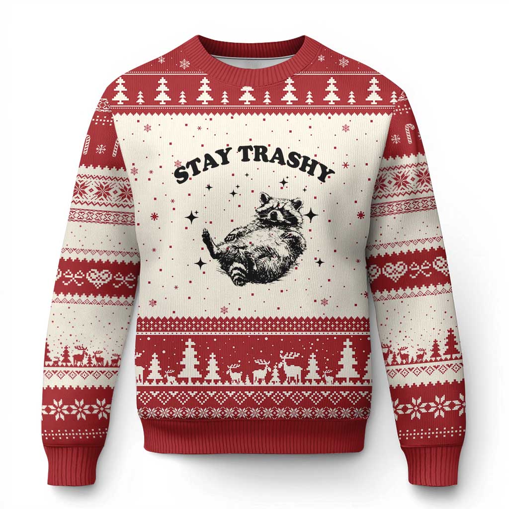 Funny Raccoon Meme Ugly Christmas Sweater Stay Trashy TS14 Beige Red Print Your Wear