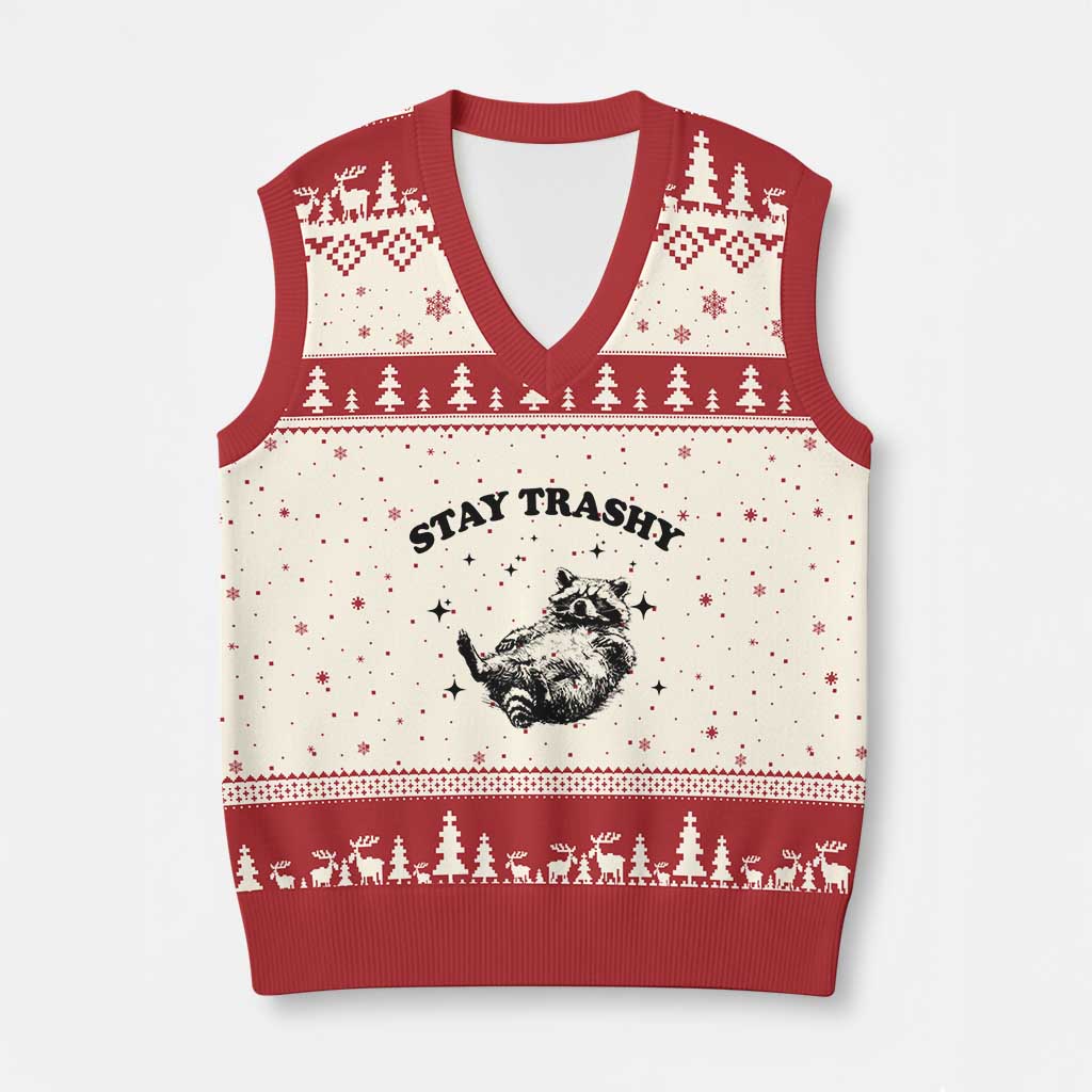 Funny Raccoon Meme V-Neck Knit Sweater Vest Stay Trashy TS14 Beige Red Print Your Wear