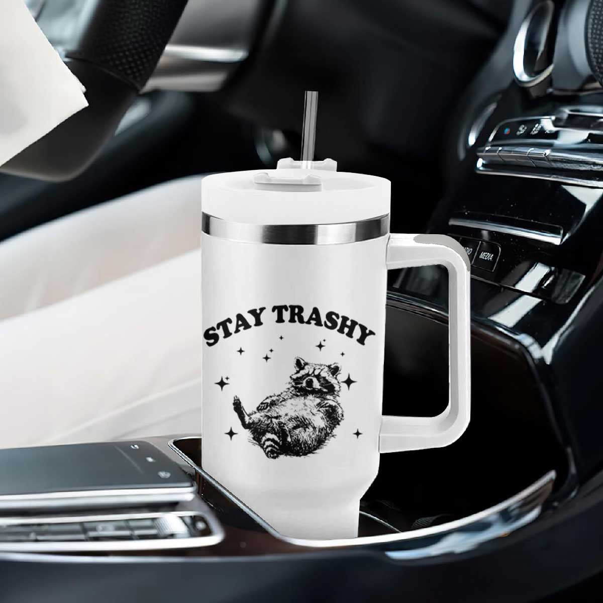 Funny Raccoon Meme Tumbler With Handle Stay Trashy TS14 Print Your Wear