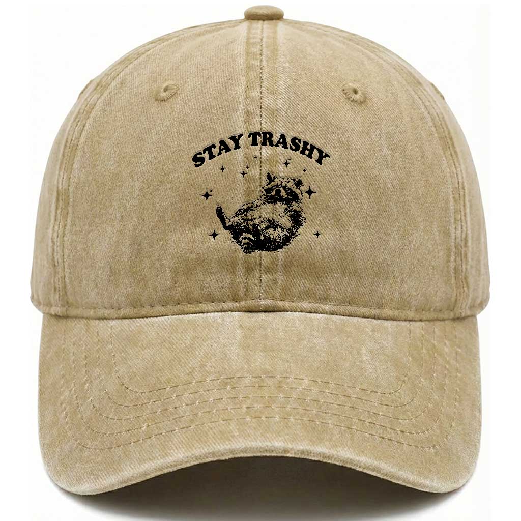 Funny Raccoon Meme Washed Cotton Baseball Cap Stay Trashy TS14 Washed Cap Universal Fit Khaki Print Your Wear
