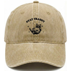 Funny Raccoon Meme Washed Cotton Baseball Cap Stay Trashy TS14 Washed Cap Universal Fit Khaki Print Your Wear