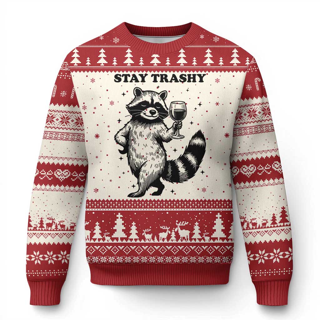 Stay Trashy Raccoon Ugly Christmas Sweater Funny Raccoon Drinking Wine Meme TS14 Beige Red Print Your Wear