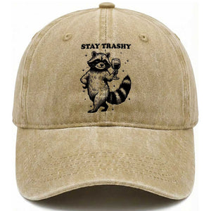Stay Trashy Raccoon Washed Cotton Baseball Cap Funny Raccoon Drinking Wine Meme TS14 Washed Cap Universal Fit Khaki Print Your Wear