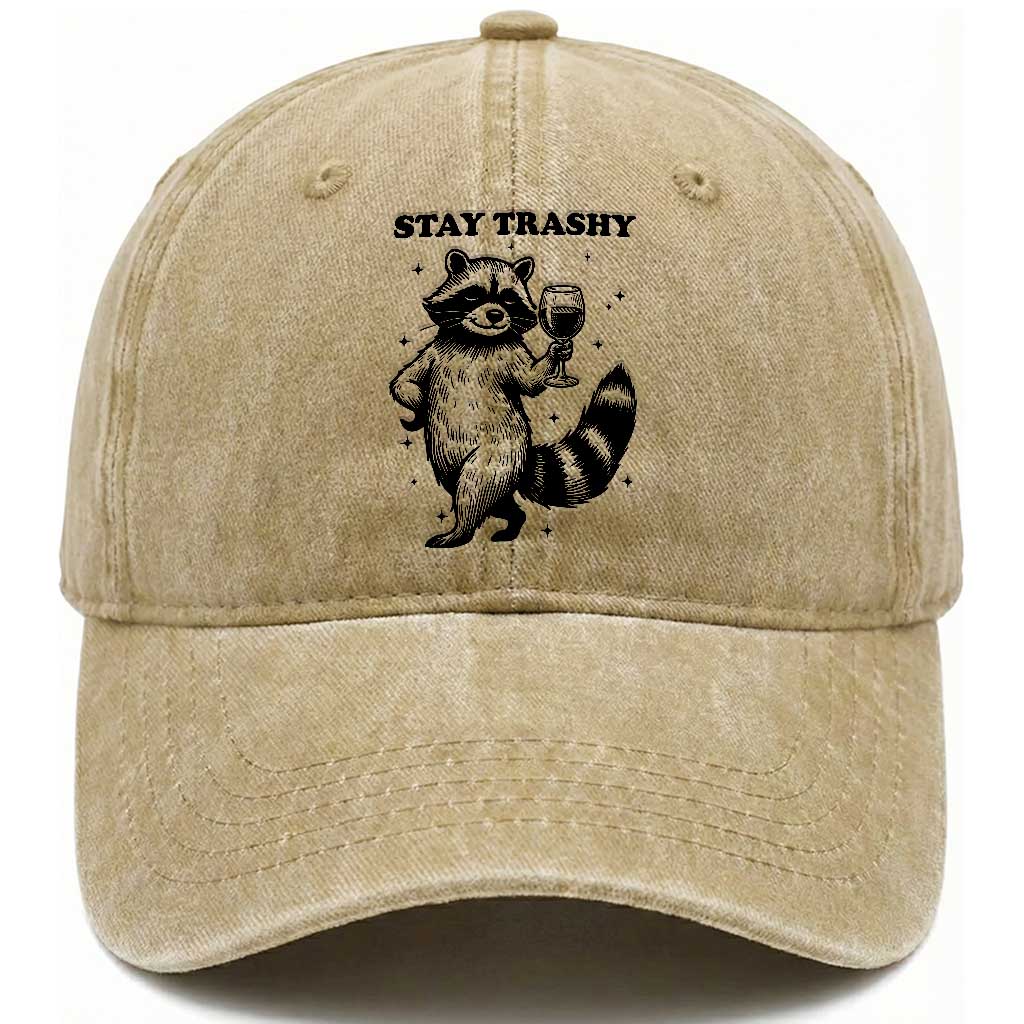 Stay Trashy Raccoon Washed Cotton Baseball Cap Funny Raccoon Drinking Wine Meme TS14 Washed Cap Universal Fit Khaki Print Your Wear