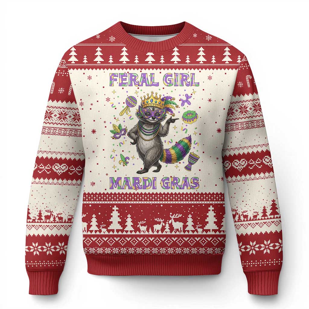 Mardi Gras Raccoon Ugly Christmas Sweater Feral Girl Mardi Gras TS14 Beige Red Print Your Wear