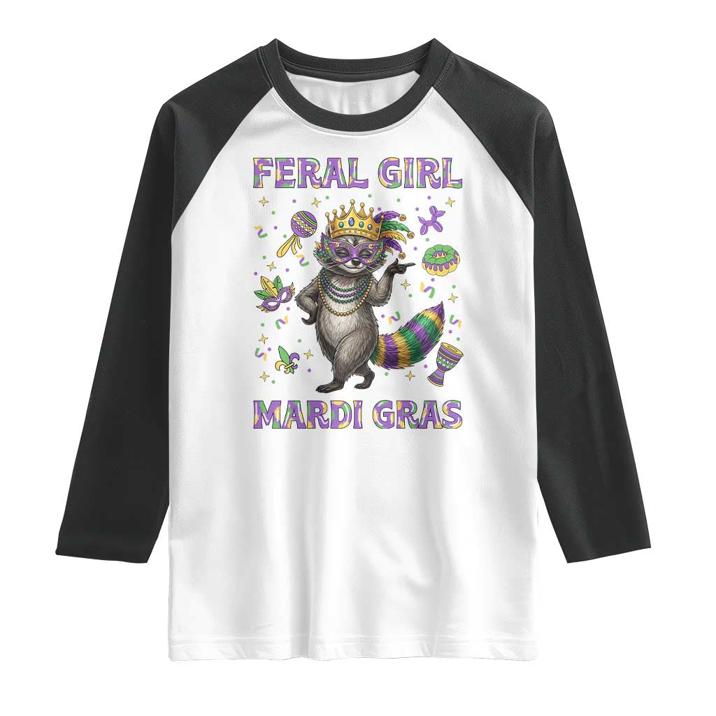 Mardi Gras Raccoon Raglan Shirt Feral Girl Mardi Gras TS14 White Black Print Your Wear