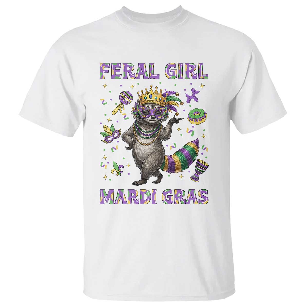 Mardi Gras Raccoon T Shirt Feral Girl Mardi Gras TS14 White Print Your Wear