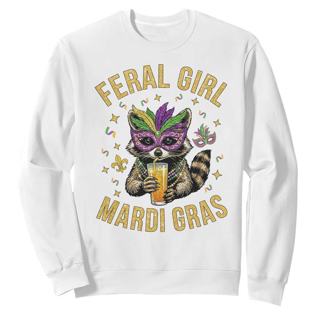 Mardi Gras Raccoon Sweatshirt Feral Girl Mardi Gras Trash Panda TS14 White Print Your Wear