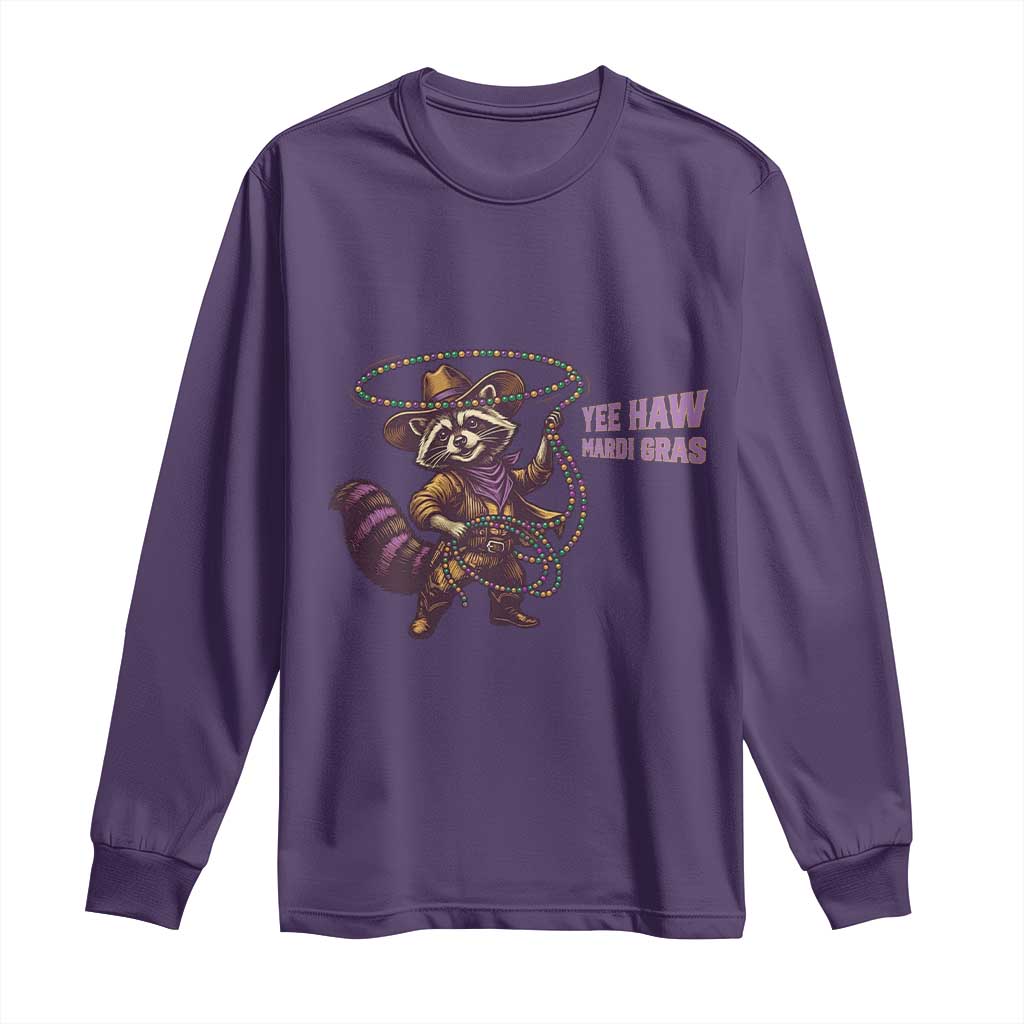 Mardi Gras Raccoon Long Sleeve Shirt Yee Haw Cowboy Mardi Gras Carnival Trendy Meme TS14 Purple Print Your Wear