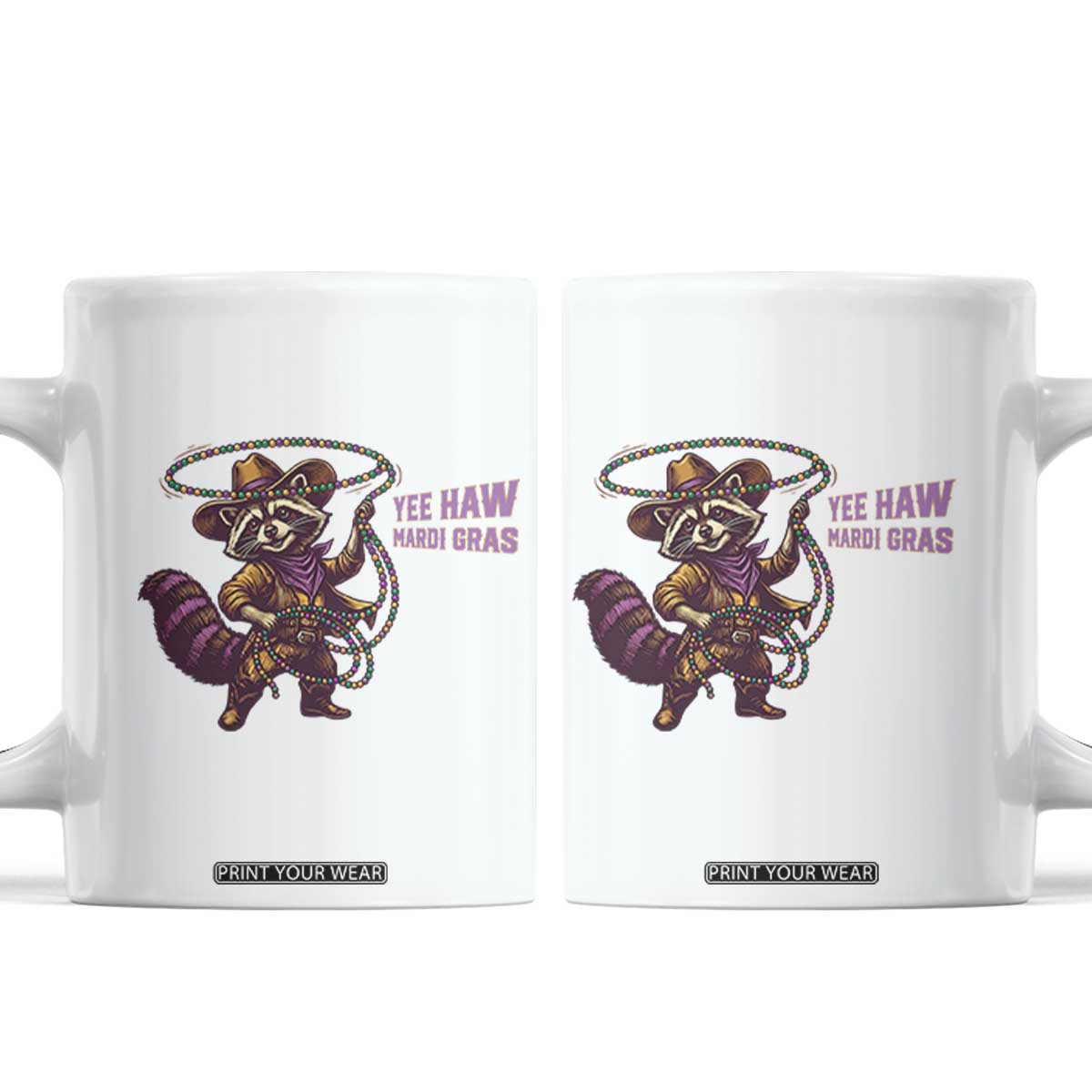Mardi Gras Raccoon Coffee Mug Yee Haw Cowboy Mardi Gras Carnival Trendy Meme TS14 White Print Your Wear