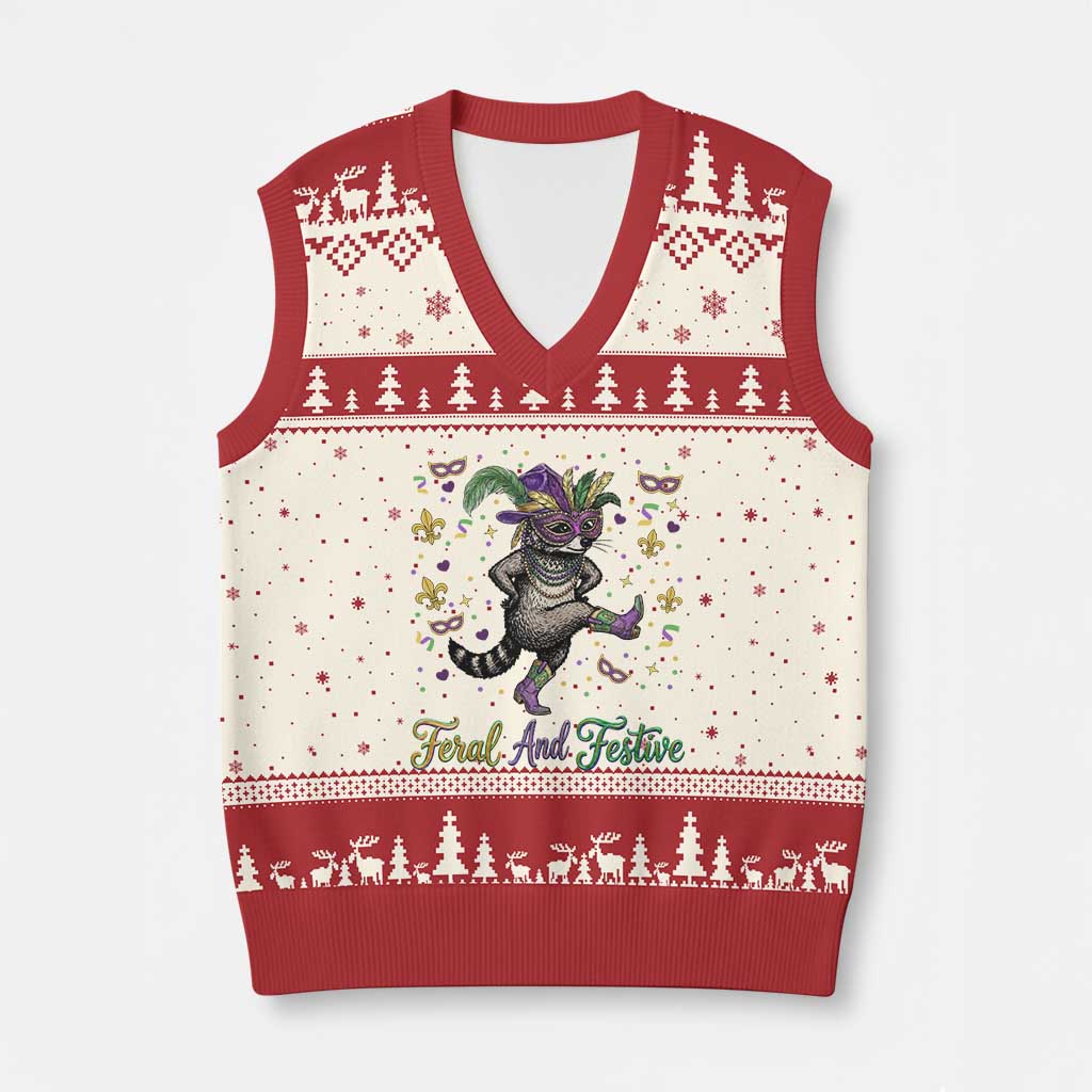Mardi Gras Raccoon V-Neck Knit Sweater Vest Feral And Festive TS14 Beige Red Print Your Wear