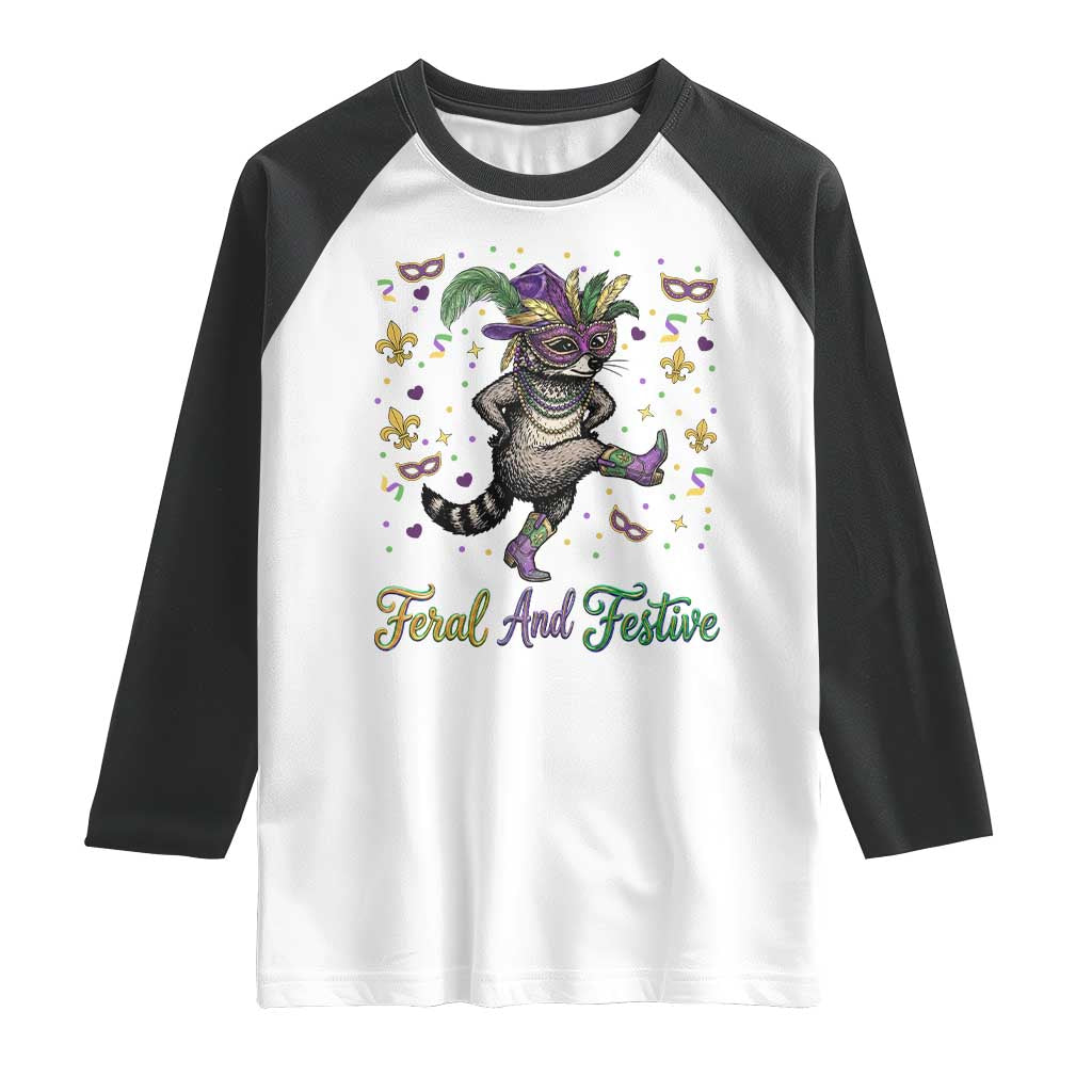 Mardi Gras Raccoon Raglan Shirt Feral And Festive TS14 White Black Print Your Wear