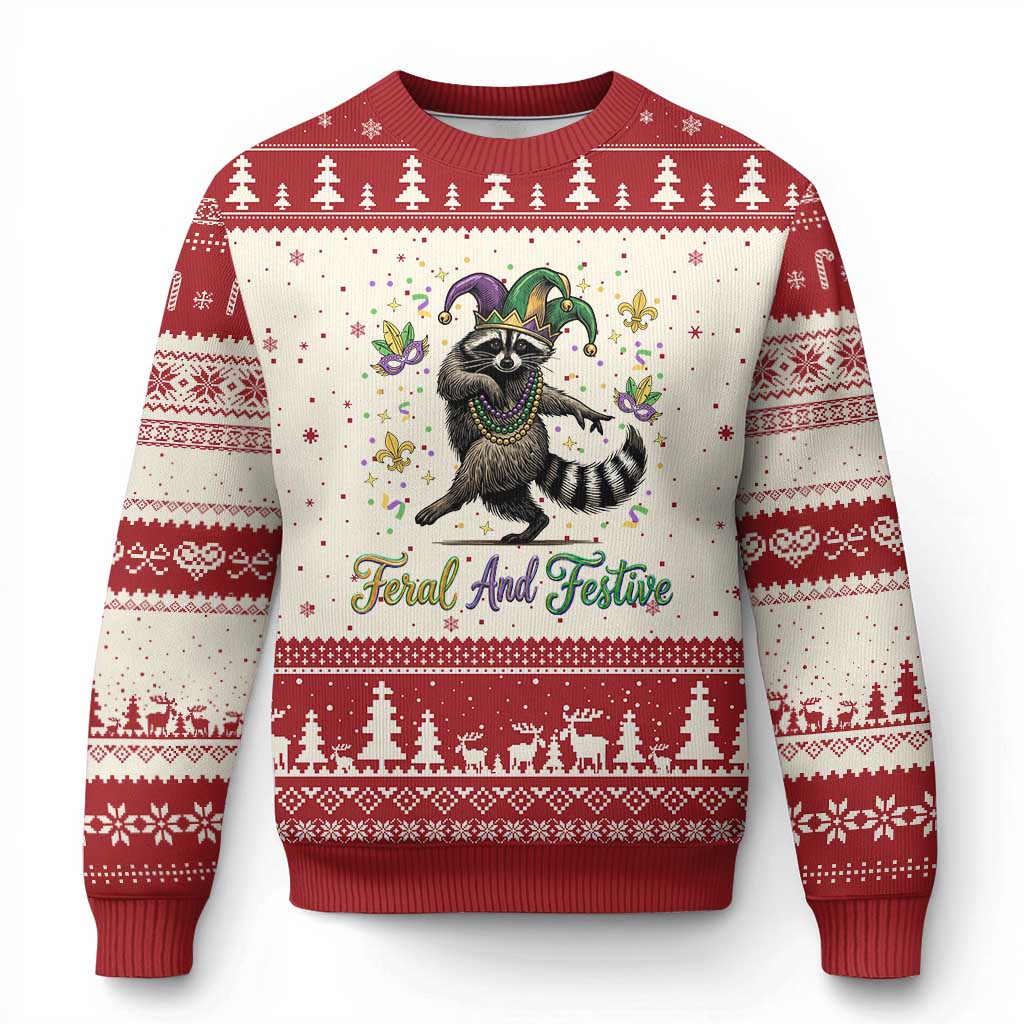 Mardi Gras Raccoon Ugly Christmas Sweater Feral And Festive Trased Panda TS14 Beige Red Print Your Wear