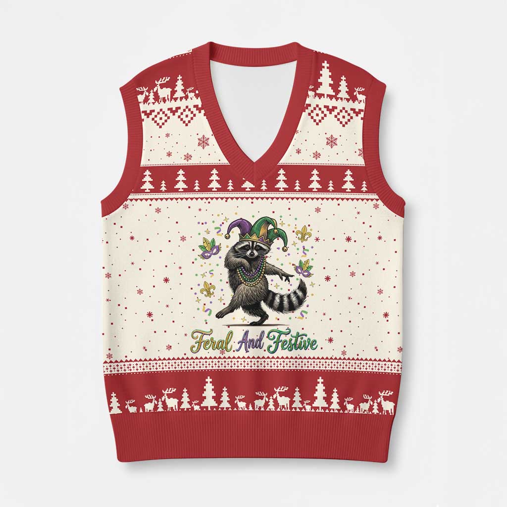 Mardi Gras Raccoon V-Neck Knit Sweater Vest Feral And Festive Trased Panda TS14 Beige Red Print Your Wear