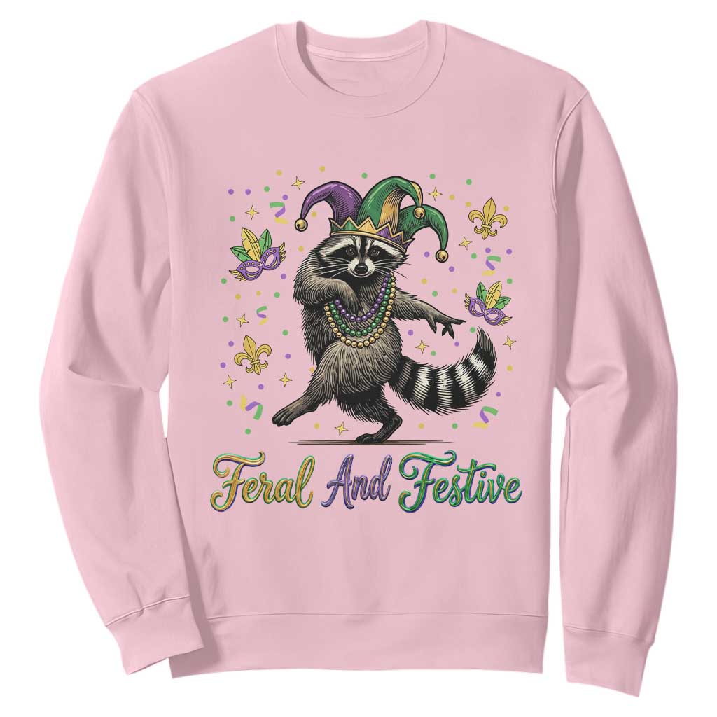 Mardi Gras Raccoon Sweatshirt Feral And Festive Trased Panda TS14 Light Pink Print Your Wear
