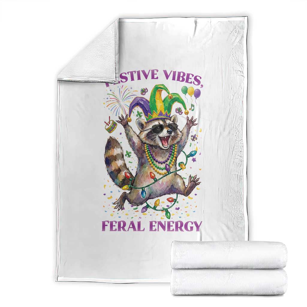 Mardi Gras Raccoon Throw Blanket Festive Vibes Feral Energy TS14 White Print Your Wear