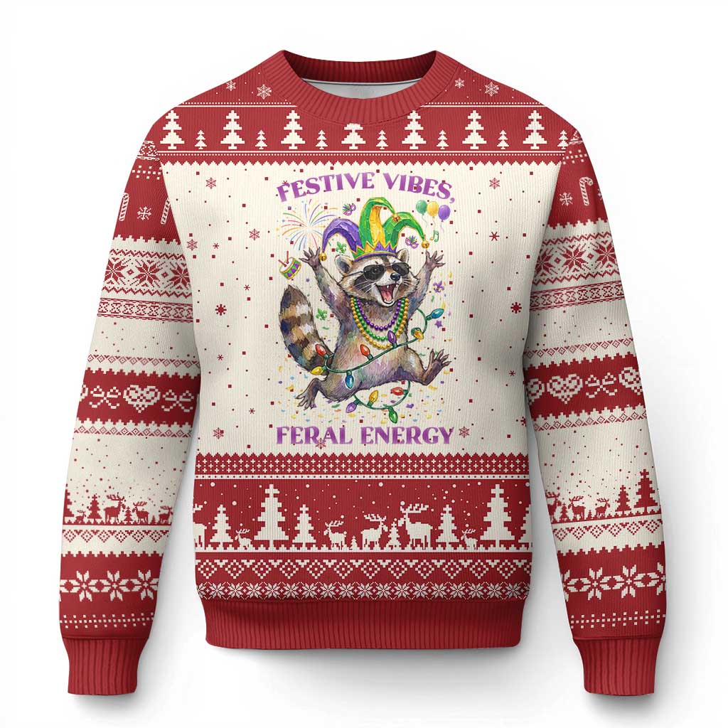 Mardi Gras Raccoon Ugly Christmas Sweater Festive Vibes Feral Energy TS14 Beige Red Print Your Wear