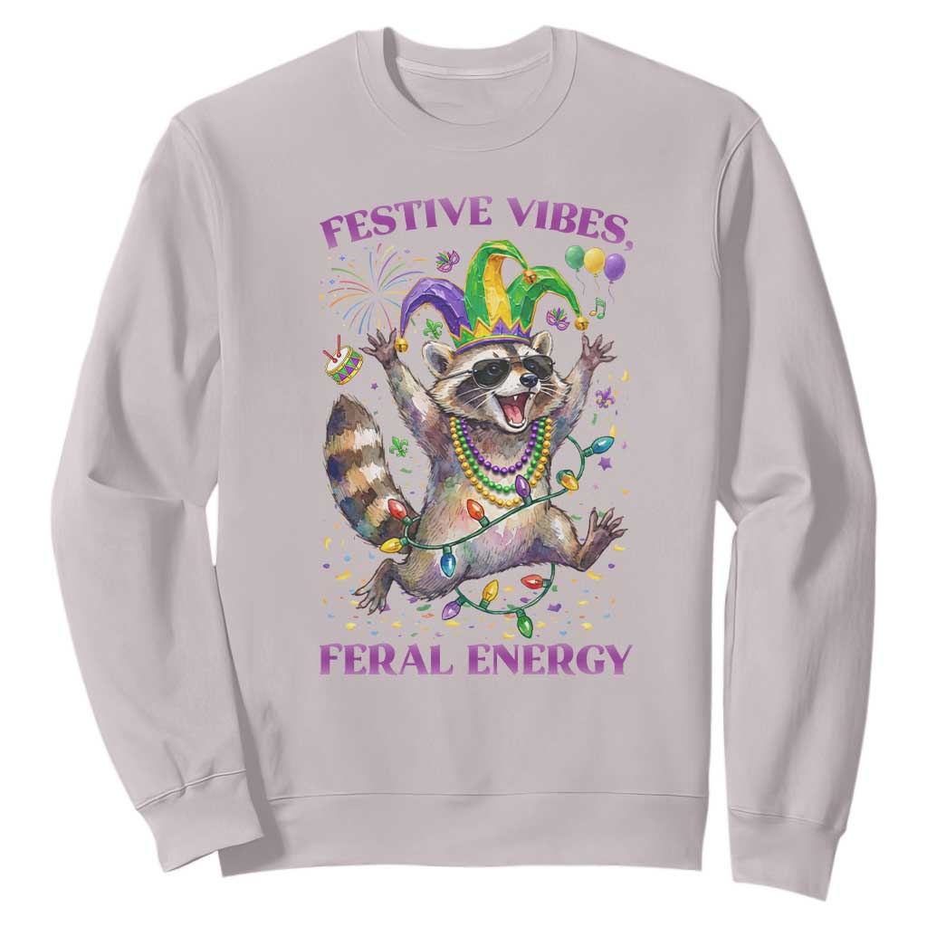 Mardi Gras Raccoon Sweatshirt Festive Vibes Feral Energy TS14 Ice Gray Print Your Wear