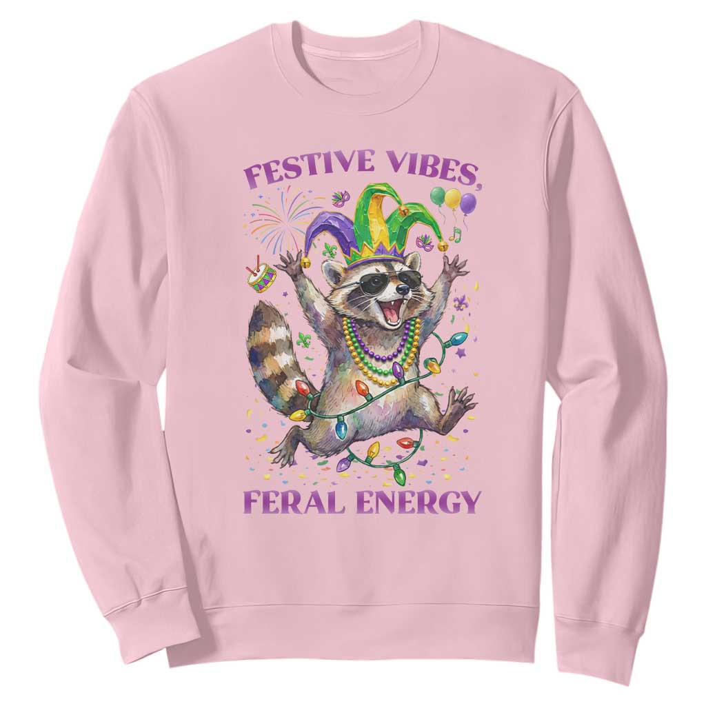 Mardi Gras Raccoon Sweatshirt Festive Vibes Feral Energy TS14 Light Pink Print Your Wear
