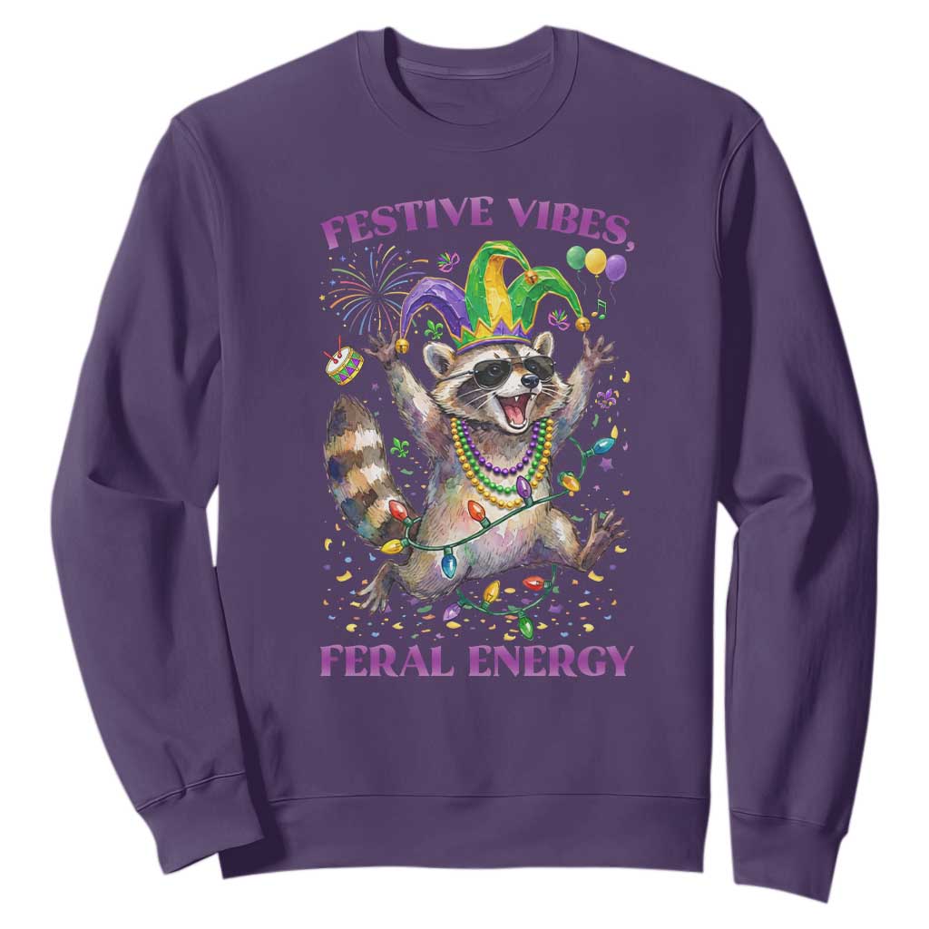 Mardi Gras Raccoon Sweatshirt Festive Vibes Feral Energy TS14 Purple Print Your Wear