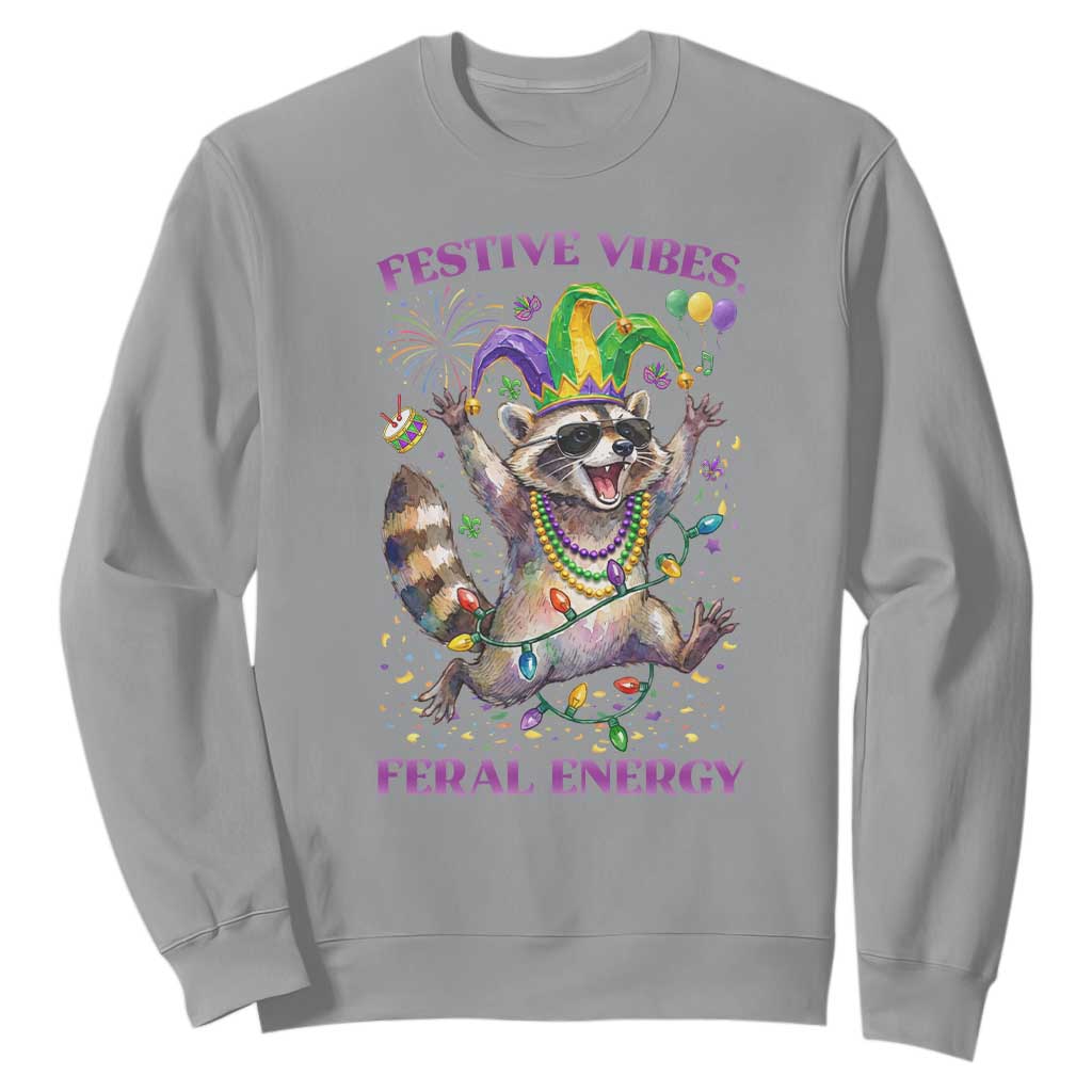 Mardi Gras Raccoon Sweatshirt Festive Vibes Feral Energy TS14 Sport Gray Print Your Wear