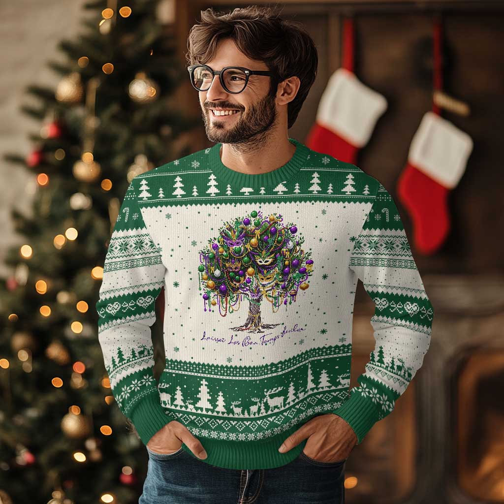 Mardi Gras Mask Tree Ugly Christmas Sweater Laissez Les Bon Temps Rouler TS14 Beige Green Print Your Wear