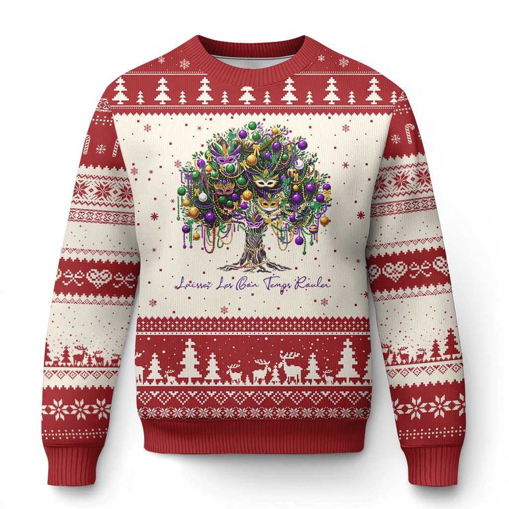 Mardi Gras Mask Tree Ugly Christmas Sweater Laissez Les Bon Temps Rouler TS14 Beige Red Print Your Wear