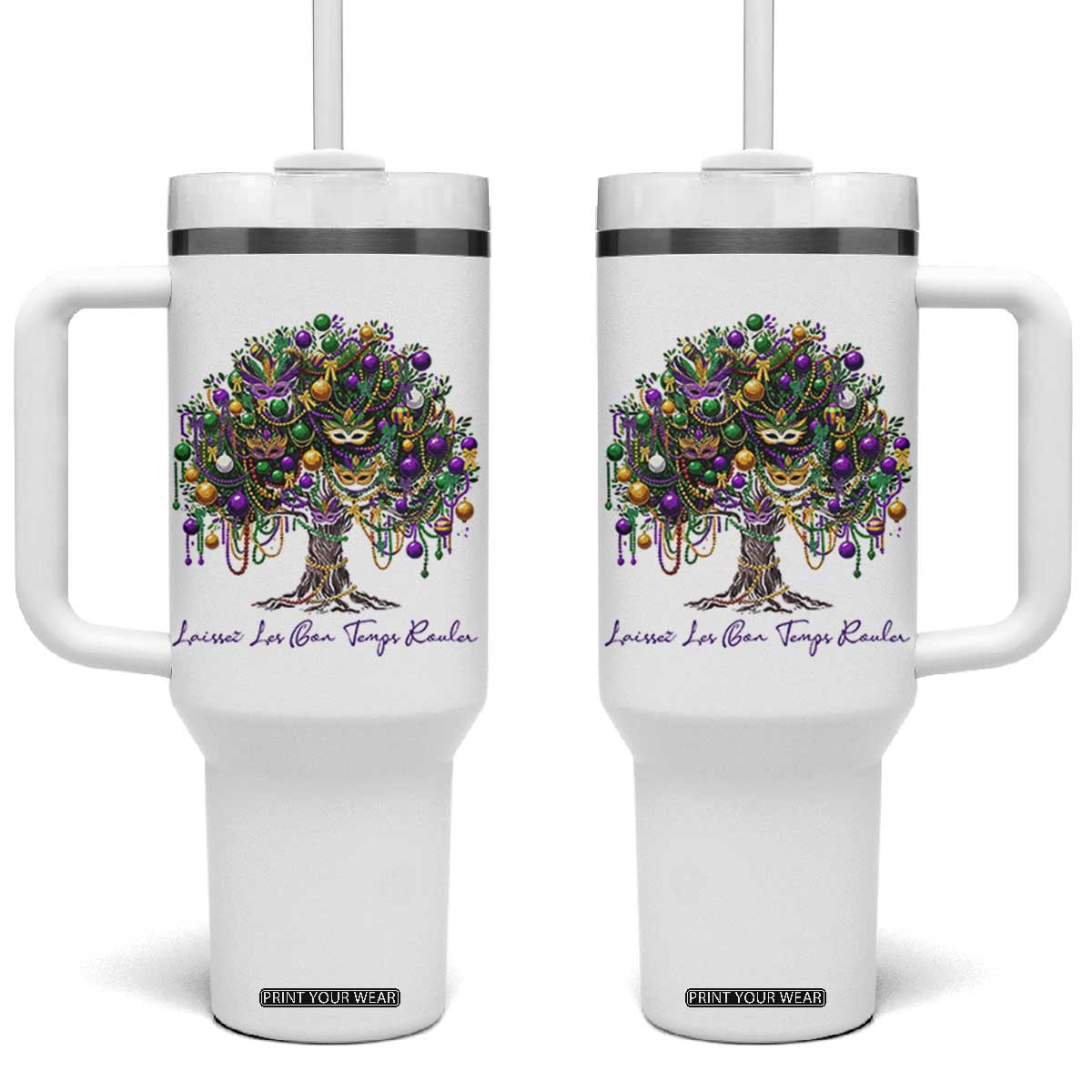 Mardi Gras Mask Tree Tumbler With Handle Laissez Les Bon Temps Rouler TS14 One Size: 40 oz White Print Your Wear