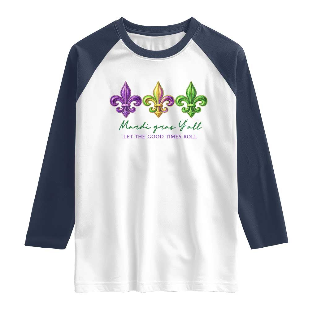 Mardi Gras Raglan Shirt Let The Good Time Roll TS14 White Navy Print Your Wear