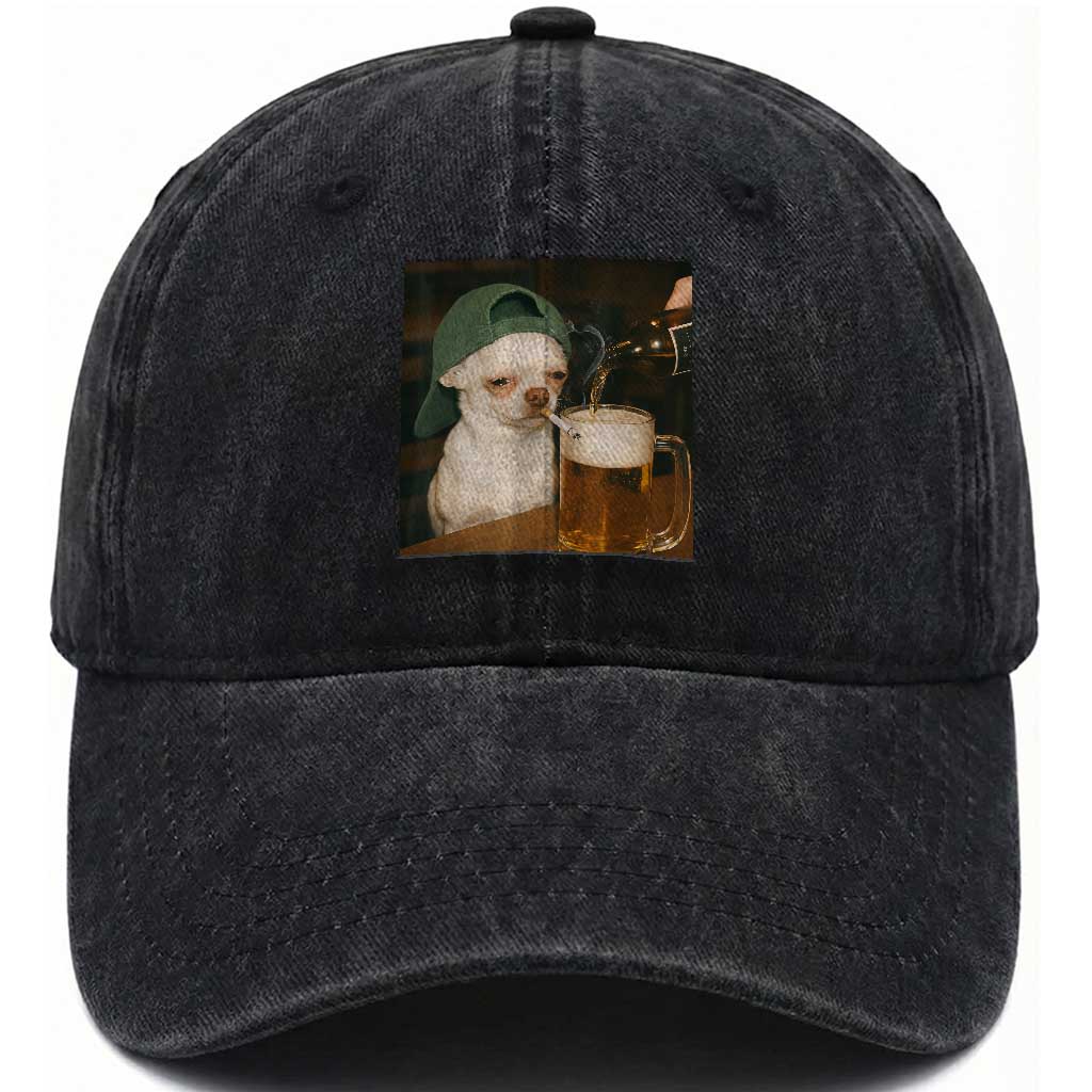 Funny Chihuahua St Patricks Day Meme Washed Cotton Baseball Cap Chihuahua Smoking Irish Beer Lover TS14 Washed Cap Universal Fit Black Print Your Wear