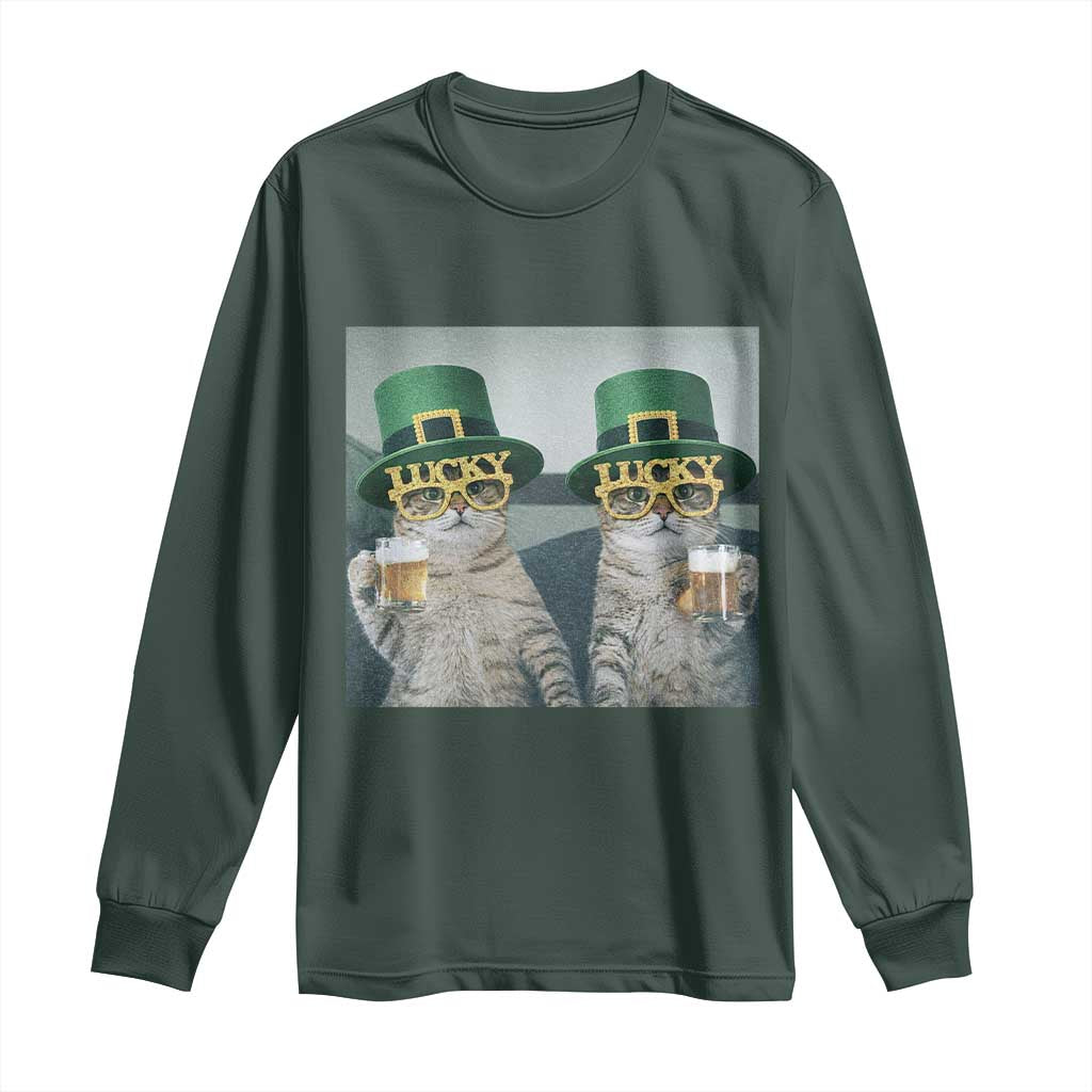 Funny St Patricks Day Cats Drinking Beer Meme Long Sleeve Shirt TS14 Dark Forest Green Print Your Wear