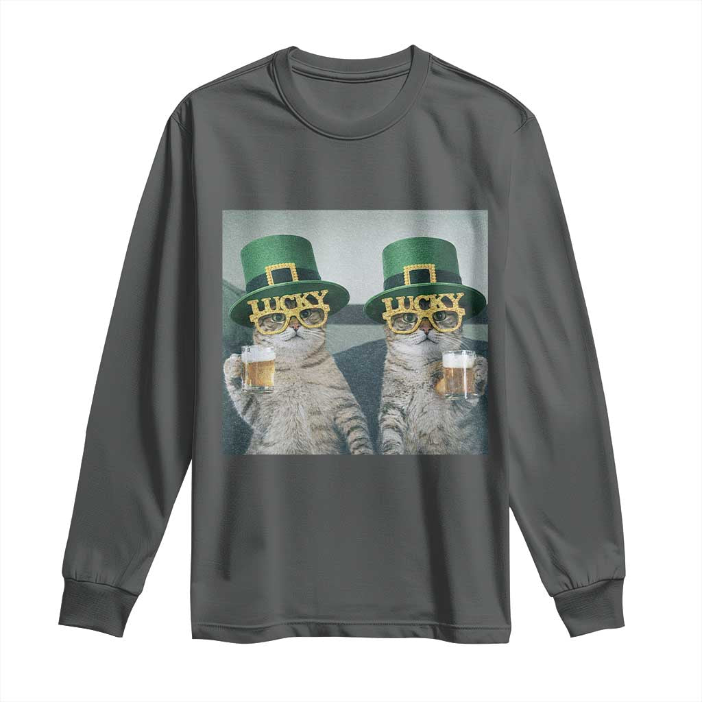 Funny St Patricks Day Cats Drinking Beer Meme Long Sleeve Shirt TS14 Dark Heather Print Your Wear