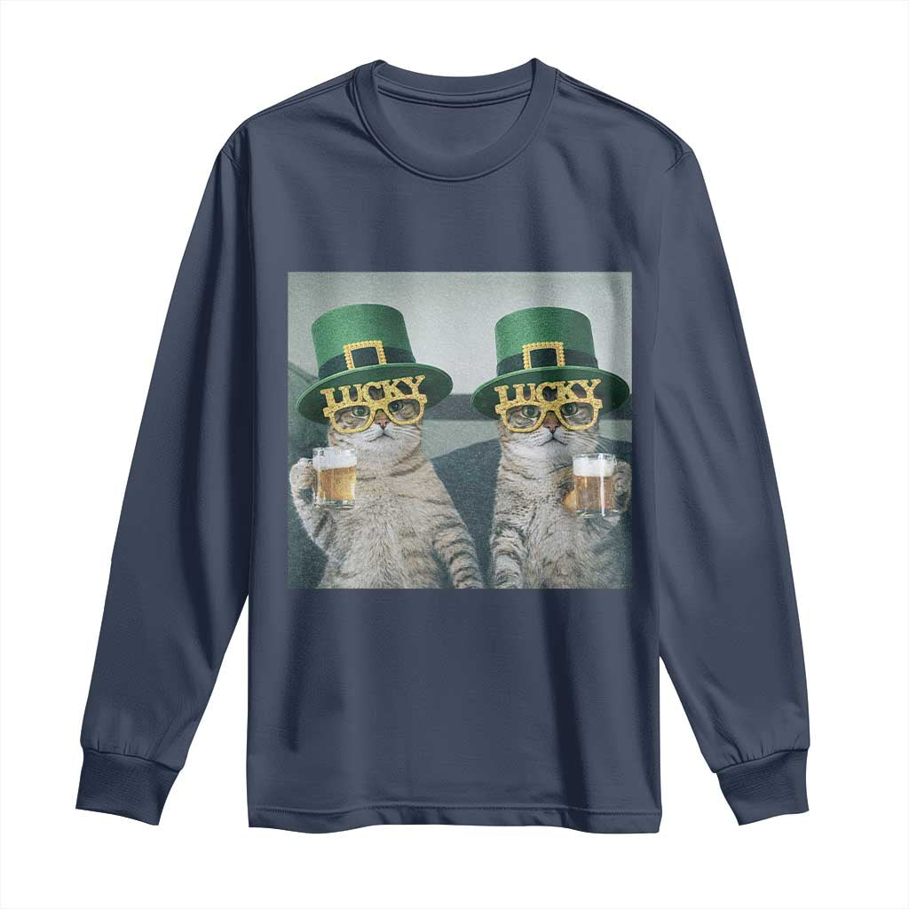 Funny St Patricks Day Cats Drinking Beer Meme Long Sleeve Shirt TS14 Navy Print Your Wear