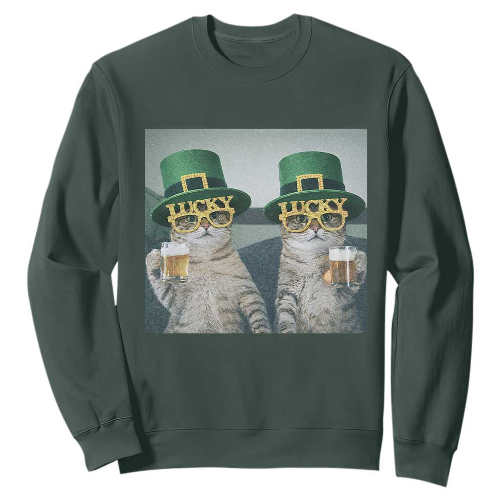 Funny St Patricks Day Cats Drinking Beer Meme Sweatshirt TS14 Dark Forest Green Print Your Wear