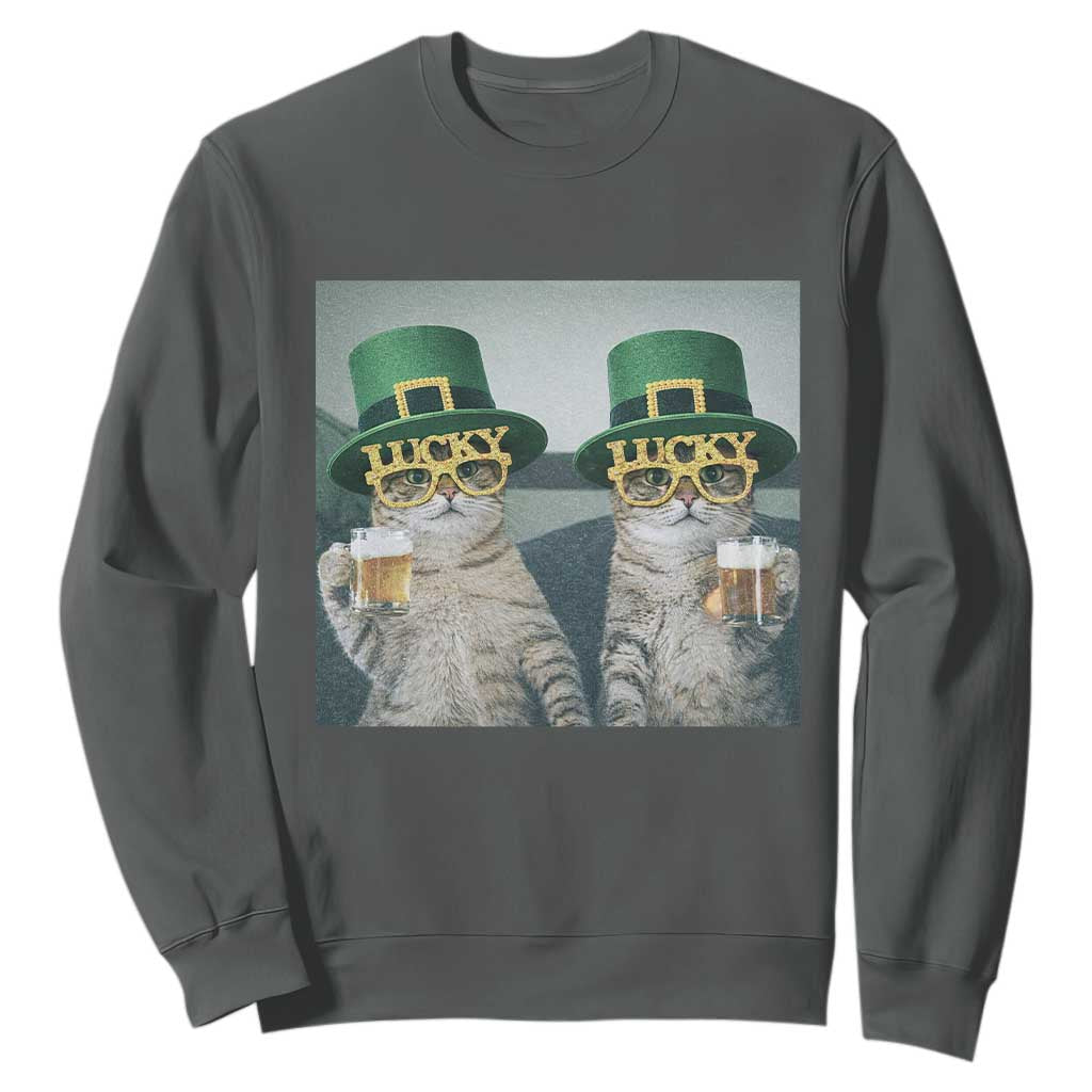 Funny St Patricks Day Cats Drinking Beer Meme Sweatshirt TS14 Dark Heather Print Your Wear