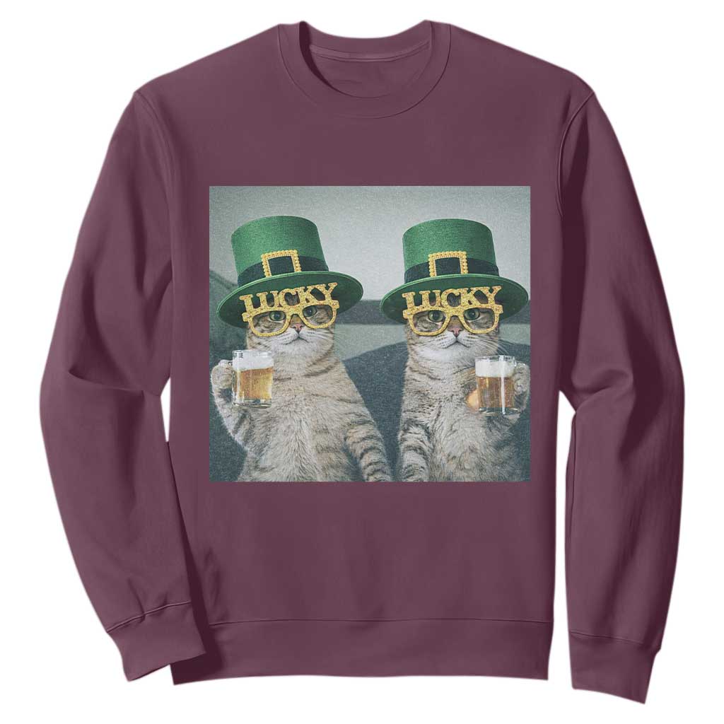 Funny St Patricks Day Cats Drinking Beer Meme Sweatshirt TS14 Maroon Print Your Wear