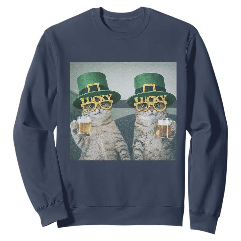 Funny St Patricks Day Cats Drinking Beer Meme Sweatshirt TS14 Navy Print Your Wear