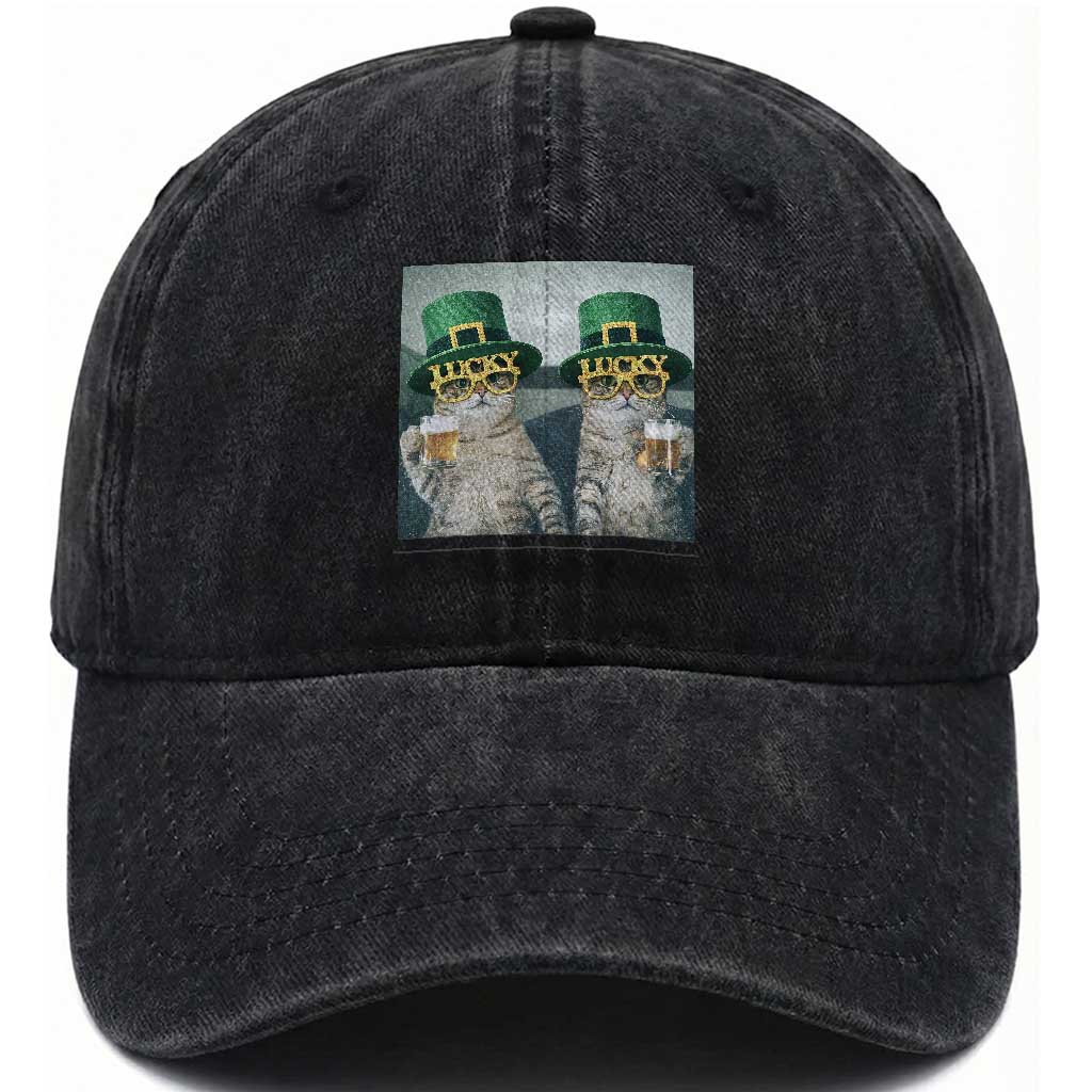 Funny St Patricks Day Cats Drinking Beer Meme Washed Cotton Baseball Cap TS14 Washed Cap Universal Fit Black Print Your Wear